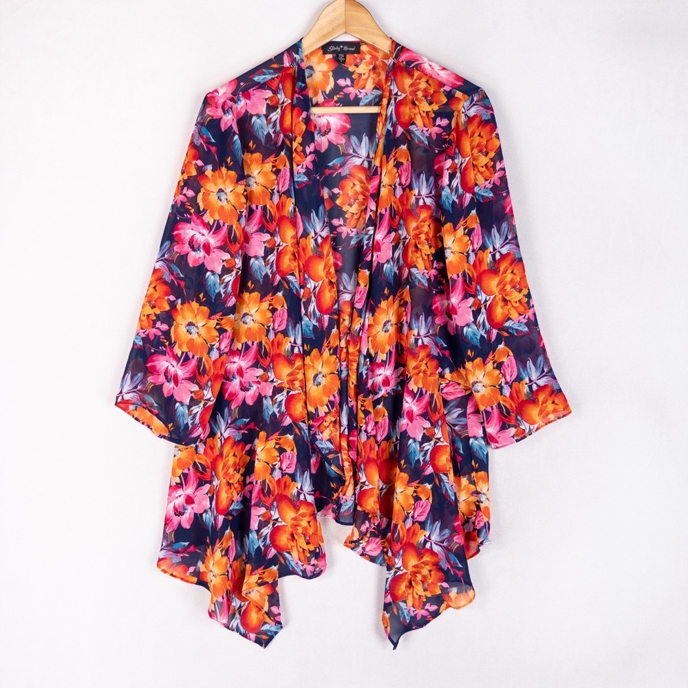Slinky Brand Womens Cardigan Large Multi Color Floral Sheer Topper Cruise Resort